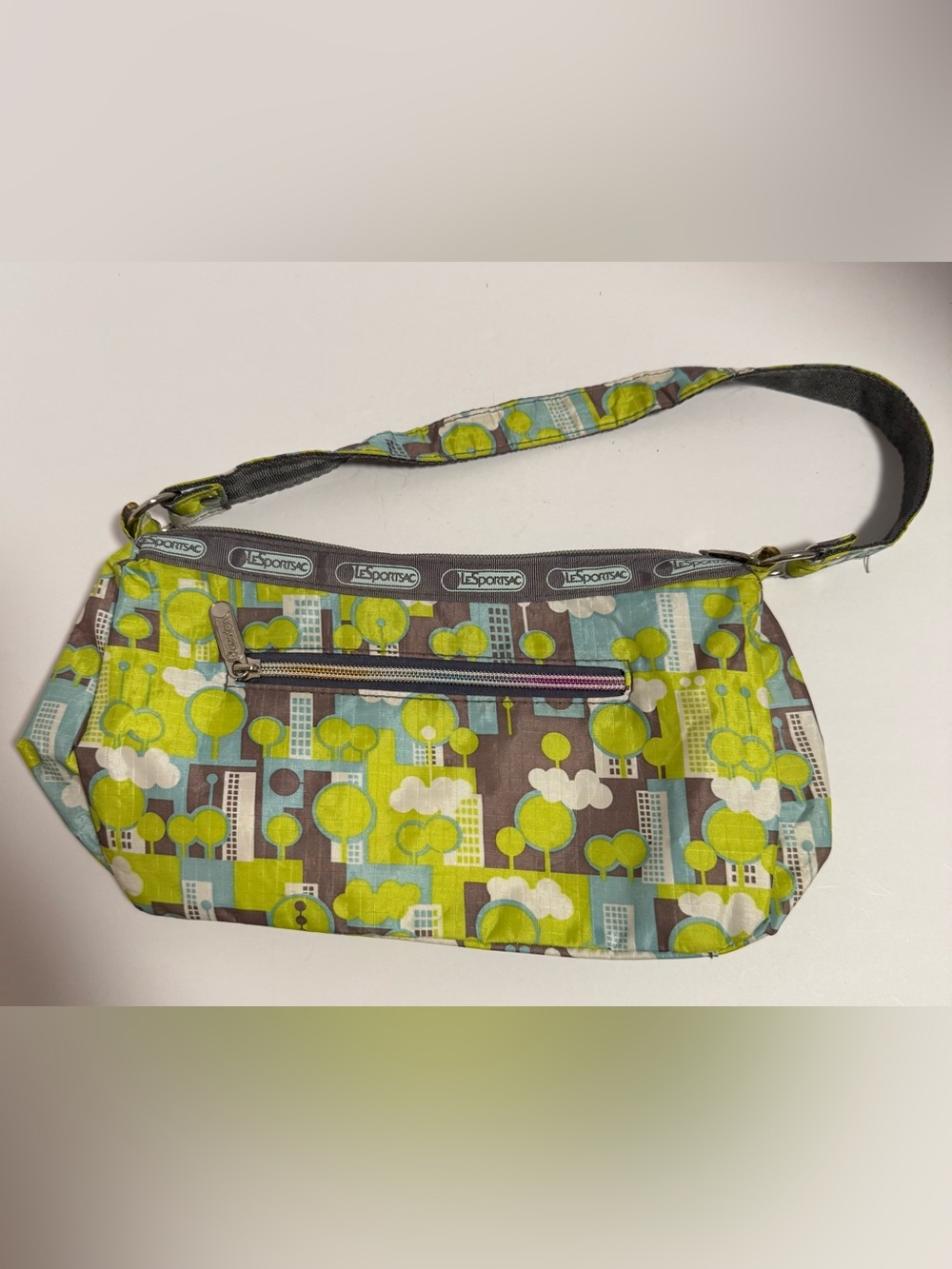 Vintage LeSportsac City Skyline Print Retro Nylon Shoulder Bag Green Blue